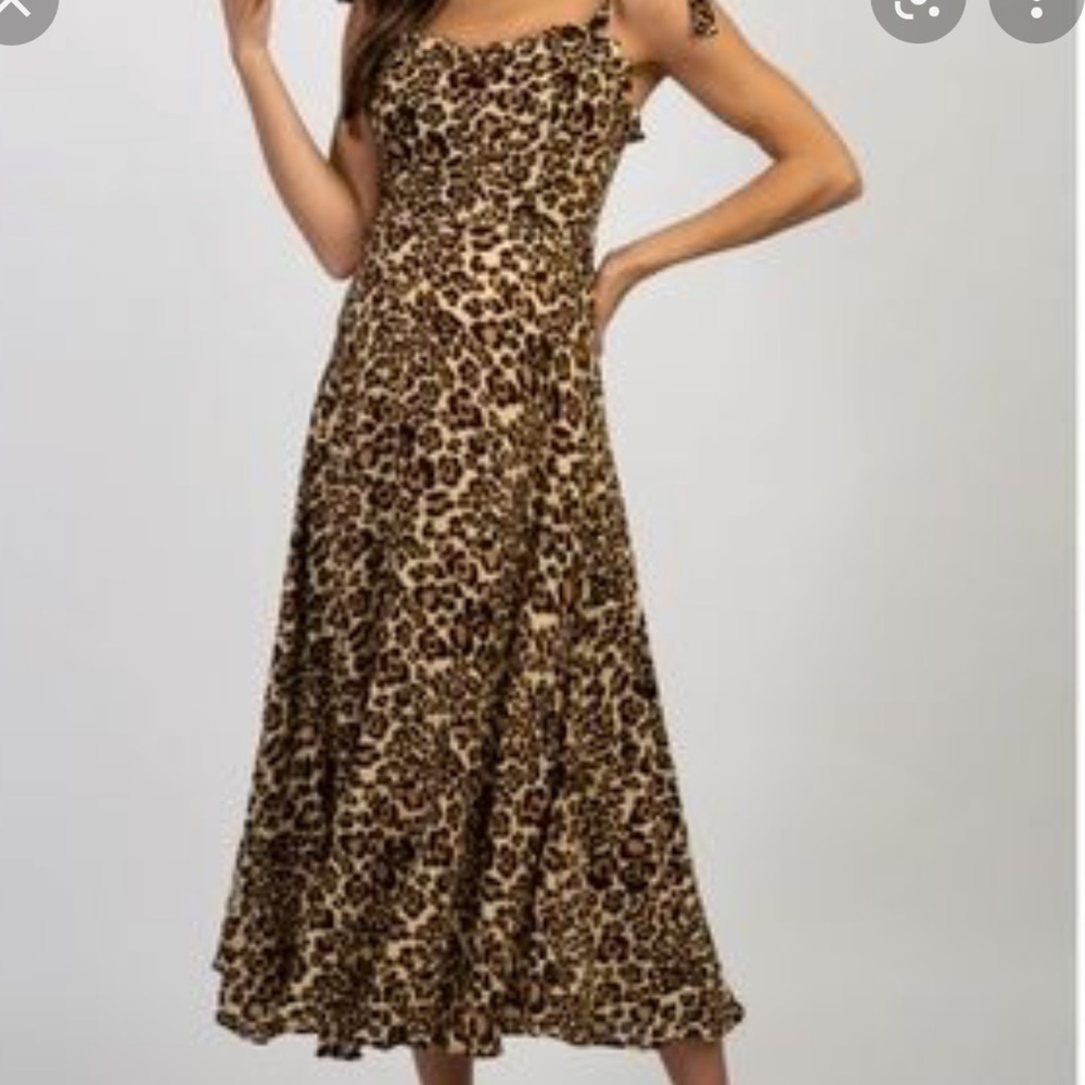 Pink Blush Maternity Sweetheart Tie Strap Leopard Print Ruffled Midi Dress S